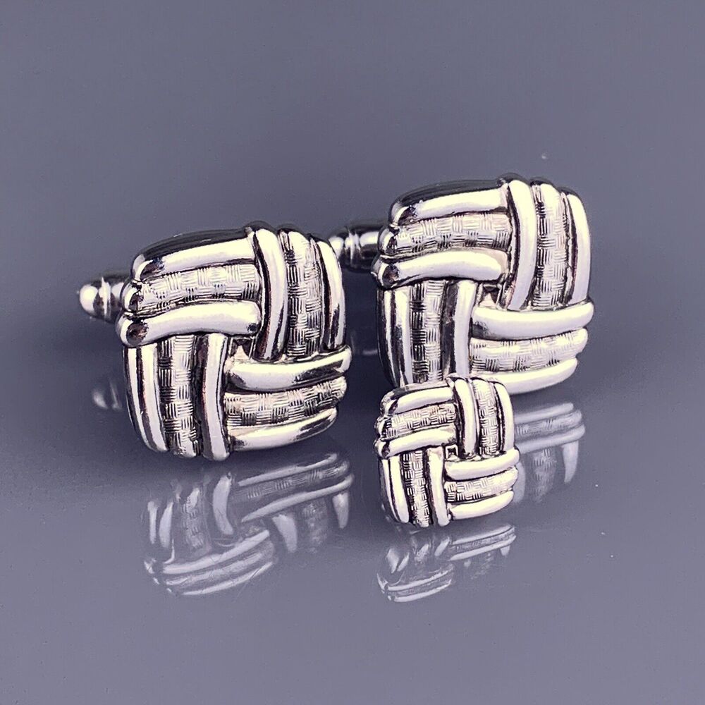 Square Weave Interlocking Cufflinks Tie Tack Pin Silver Tone Anson Vintage